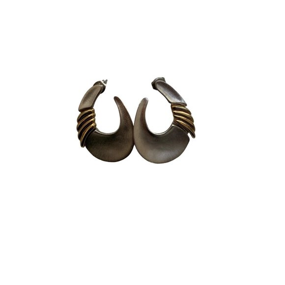 Vintage Retro 80s Oval Pierced Earrings Two-Tone Brushed Silver & Gold Tone - Picture 1 of 6